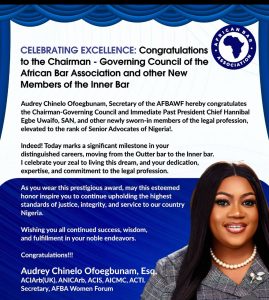 AfBA-WF Secretary Congratulates Chairman, Governing Council And Newly Conferred Senior Advocates Of Nigeria