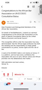 HerSafeNetwork Congratulates African Bar Association on UN ECOSOC Consultative Status